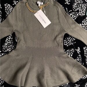 Olive Ribbed Knit top with Gold Chain